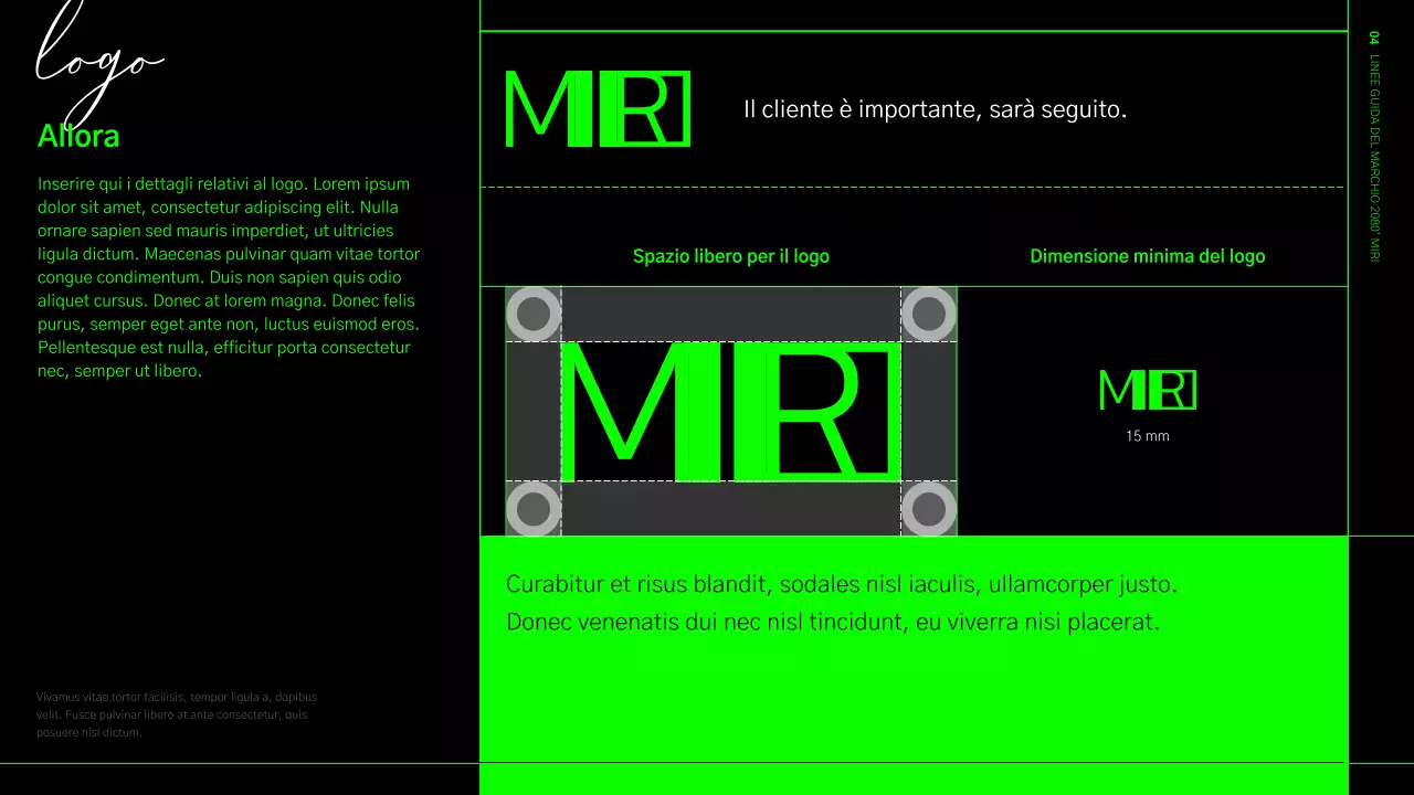 Linee guida dell'identità del marchio in formato griglia verde lime e nero