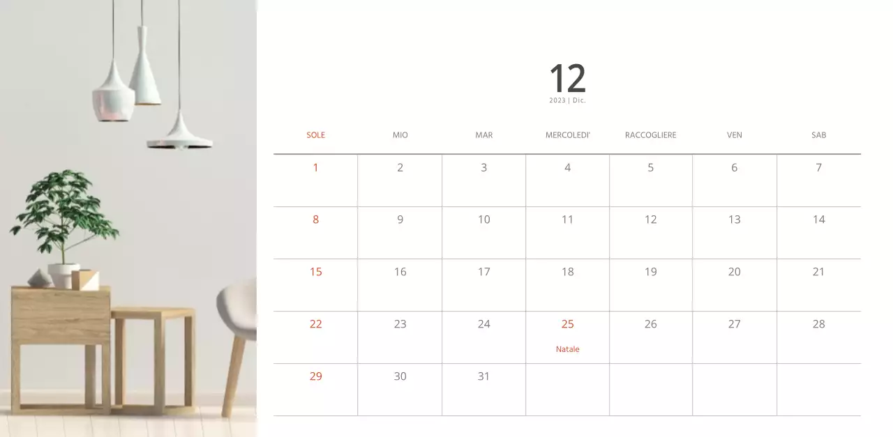 Calendario di interior design in stile bianco e pulito
