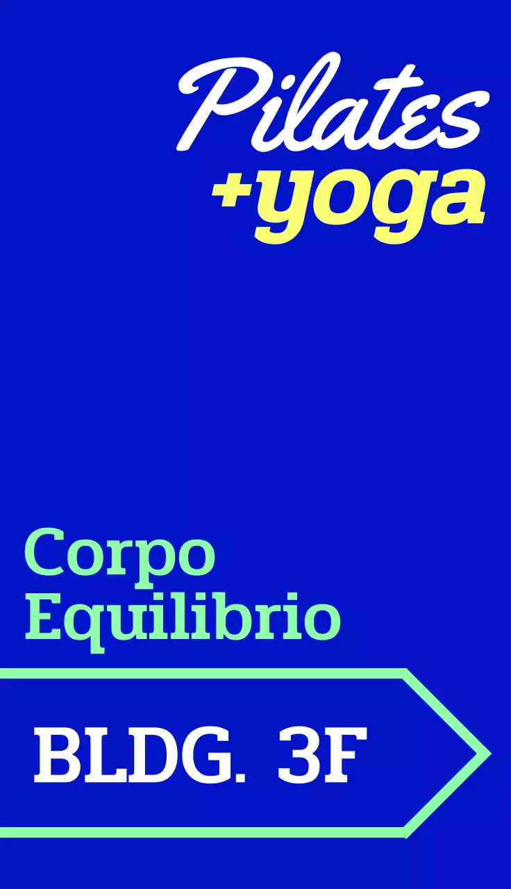 Un cartello promozionale alla moda con testo colorato relativo allo yoga e al pilates e forme di frecce.