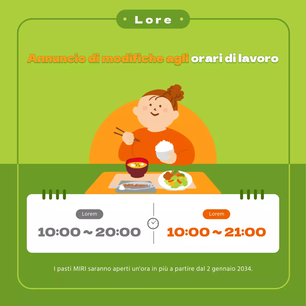 Tema di annuncio dell'orario di lavoro con simpatiche illustrazioni in arancione chartreuse e una semplice cornice circolare