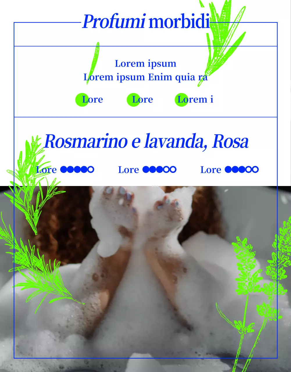 Bagnoschiuma pre-naturale con disegno a linee di erbe in verde e blu neon