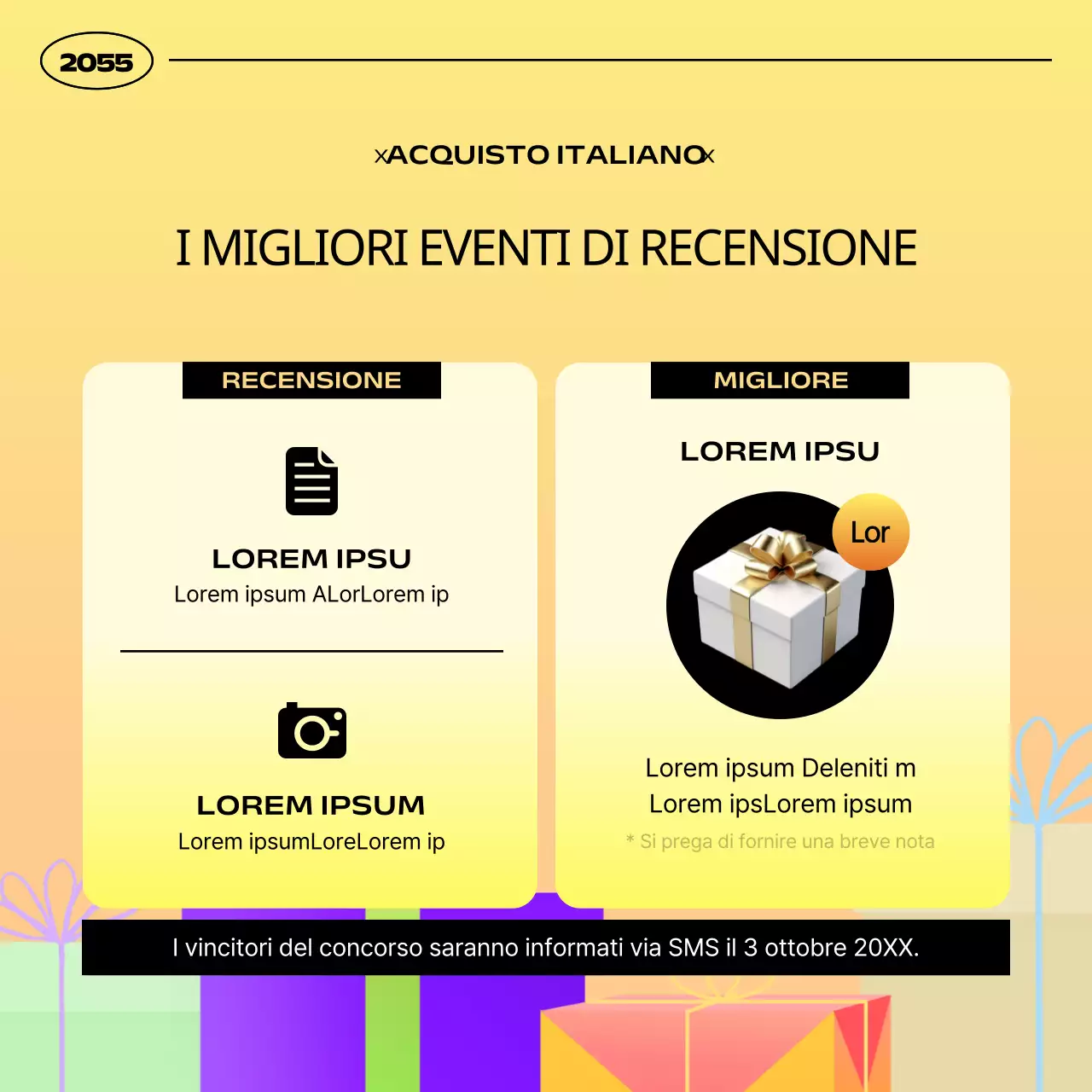 Semplice annuncio di promozione di un evento regalo in giallo e arancione