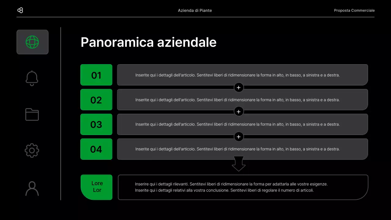 Proposta di business per un'attività commerciale con un concetto di foglia naturale nera e verde