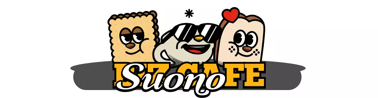 Personaggi carini e alla moda in stile logo del caffè in giallo e nero