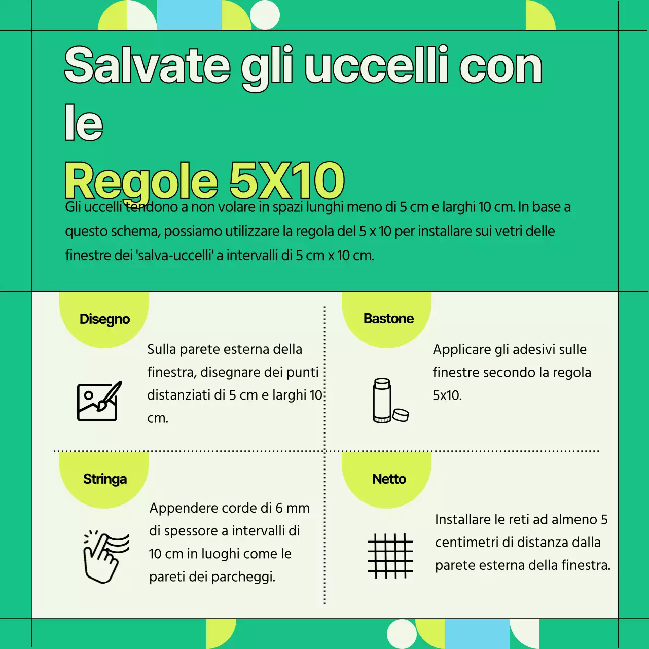 Informazioni sulla prevenzione delle collisioni con uccelli selvatici verdi e geometrici (Card News)