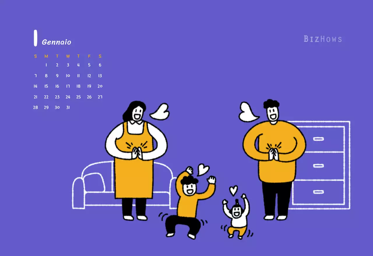 Calendario di Capodanno con simpatiche illustrazioni