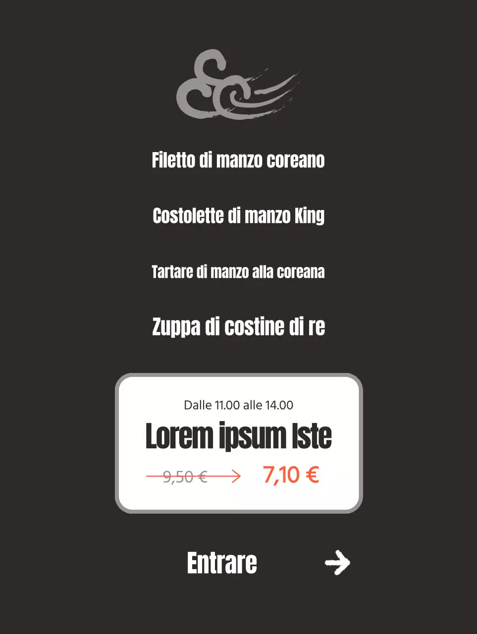 Promuovete un ristorante pulito di ispirazione coreana con immagini di carne coreana su sfondo nero.