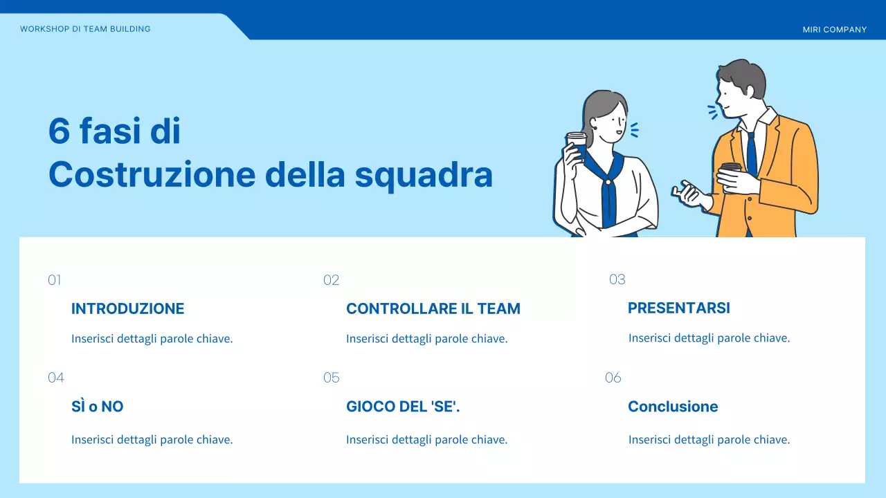 Laboratorio di team building che evidenzia le illustrazioni in blu e giallo