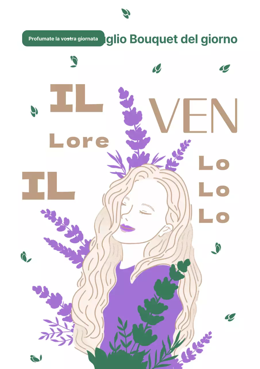 Viola Verde Oro Concetto di illustrazione piatta e sensuale per promuovere il bouquet di lavanda