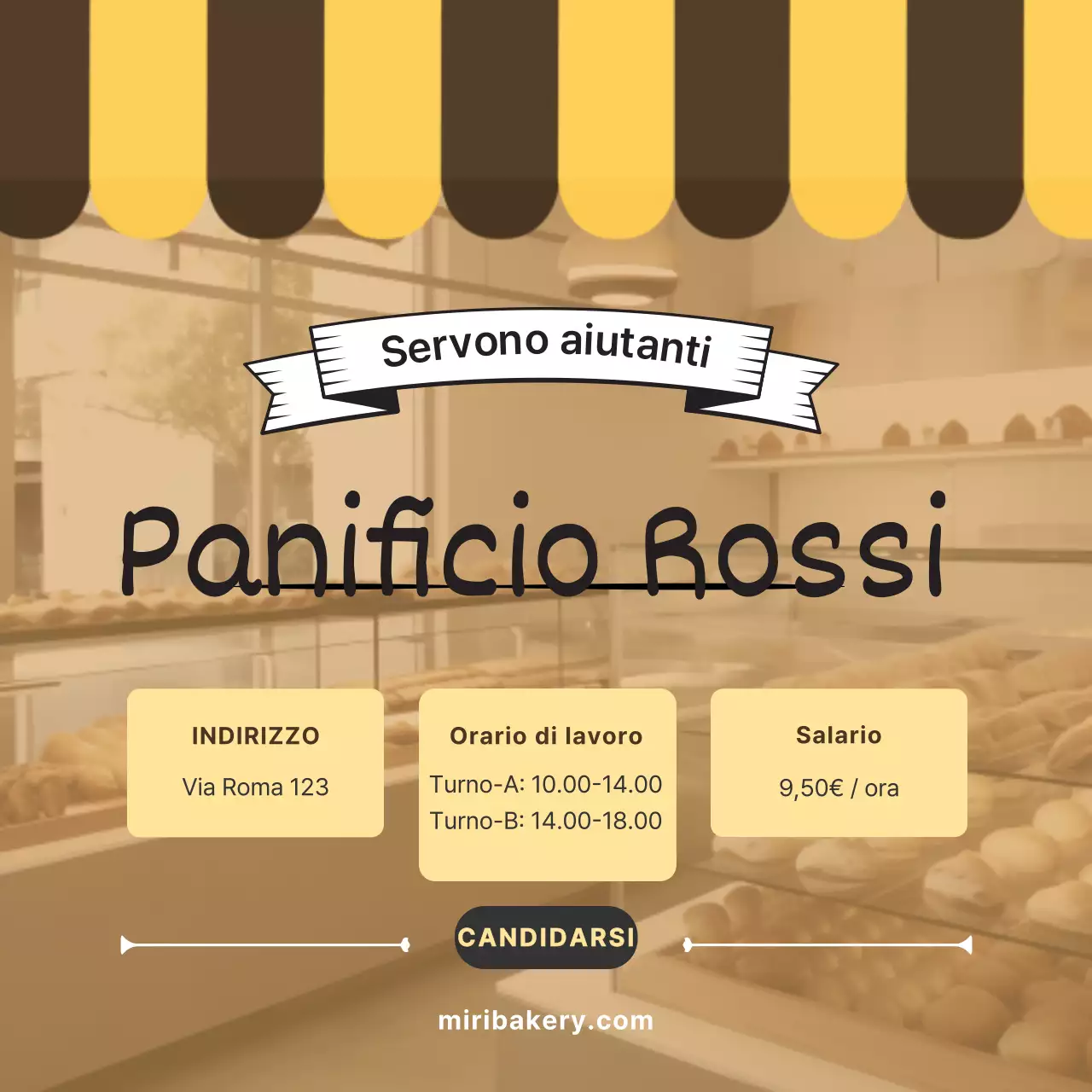 Semplice annuncio di lavoro in panetteria in giallo e marrone