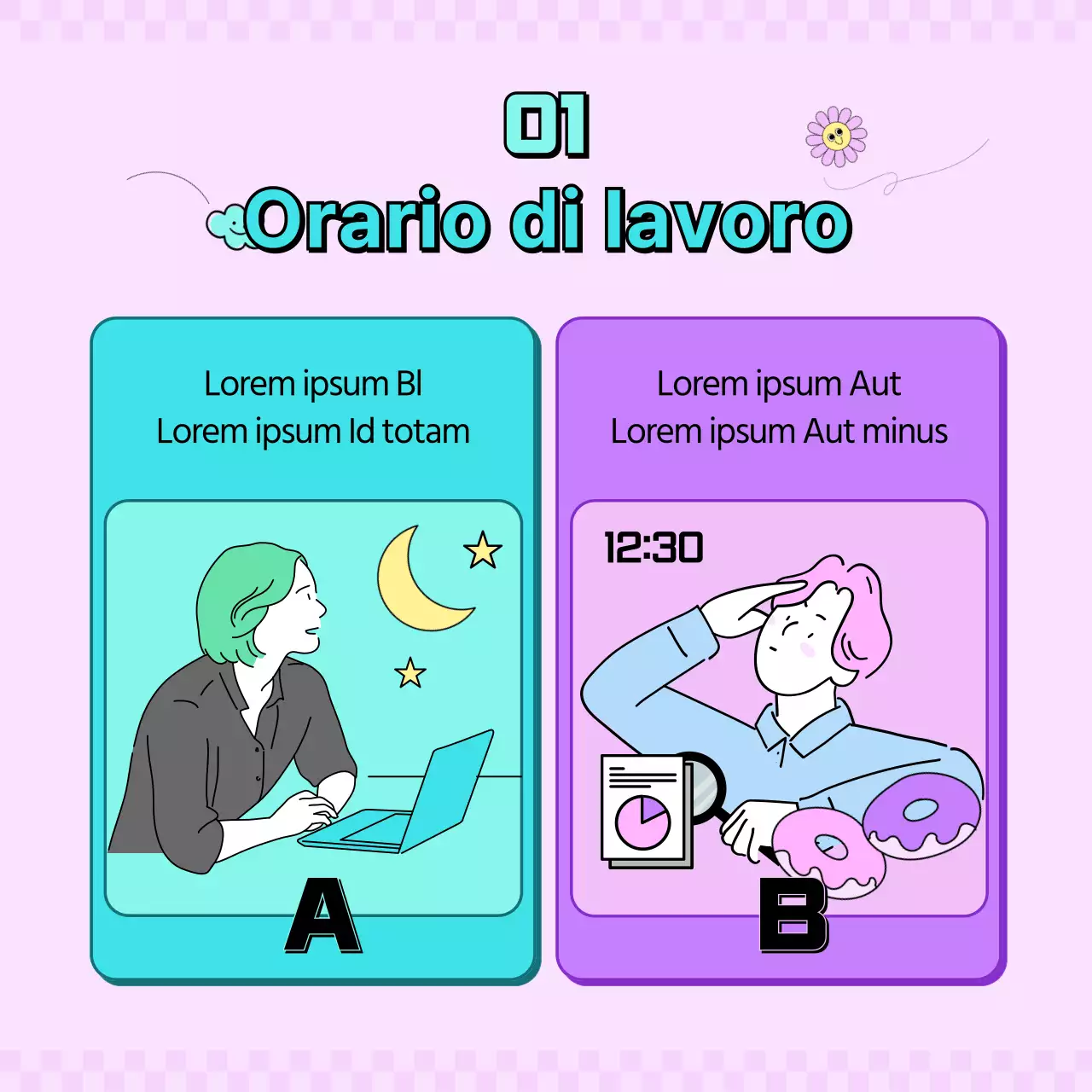 Gioco di equilibrio per impiegati di colore menta, viola e rosa CardNews