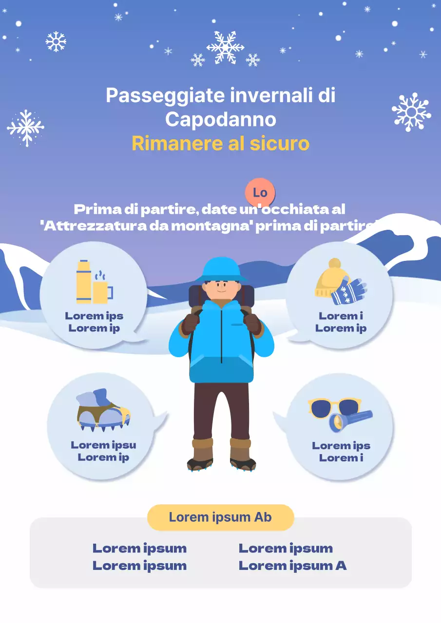 Una guida alla sicurezza invernale in montagna nei toni pastello del blu e del giallo
