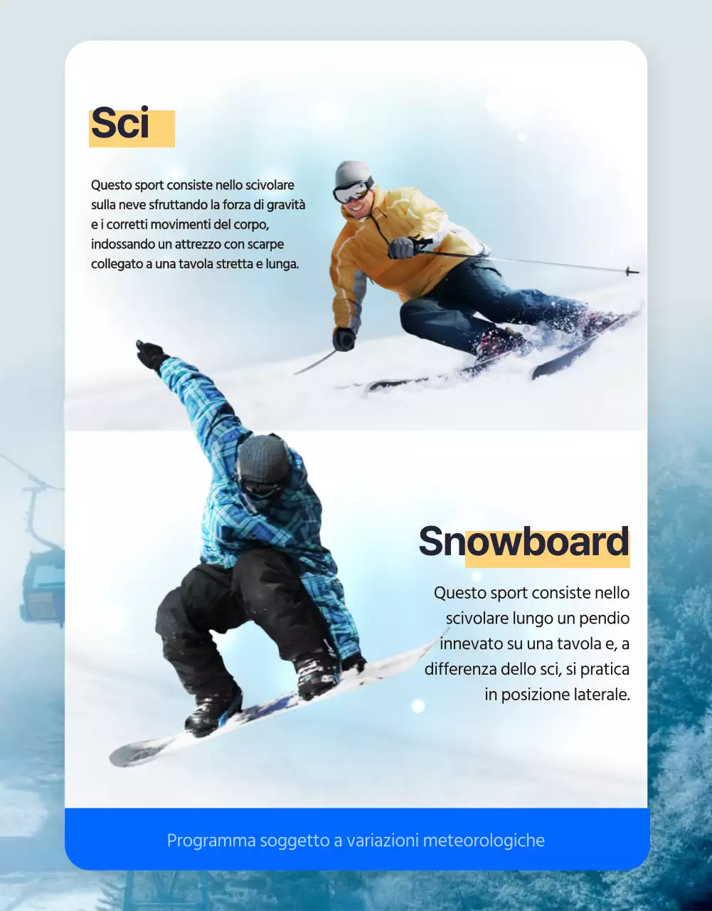 Lezioni di sci e snowboard a tema invernale in blu (pagina di dettaglio)