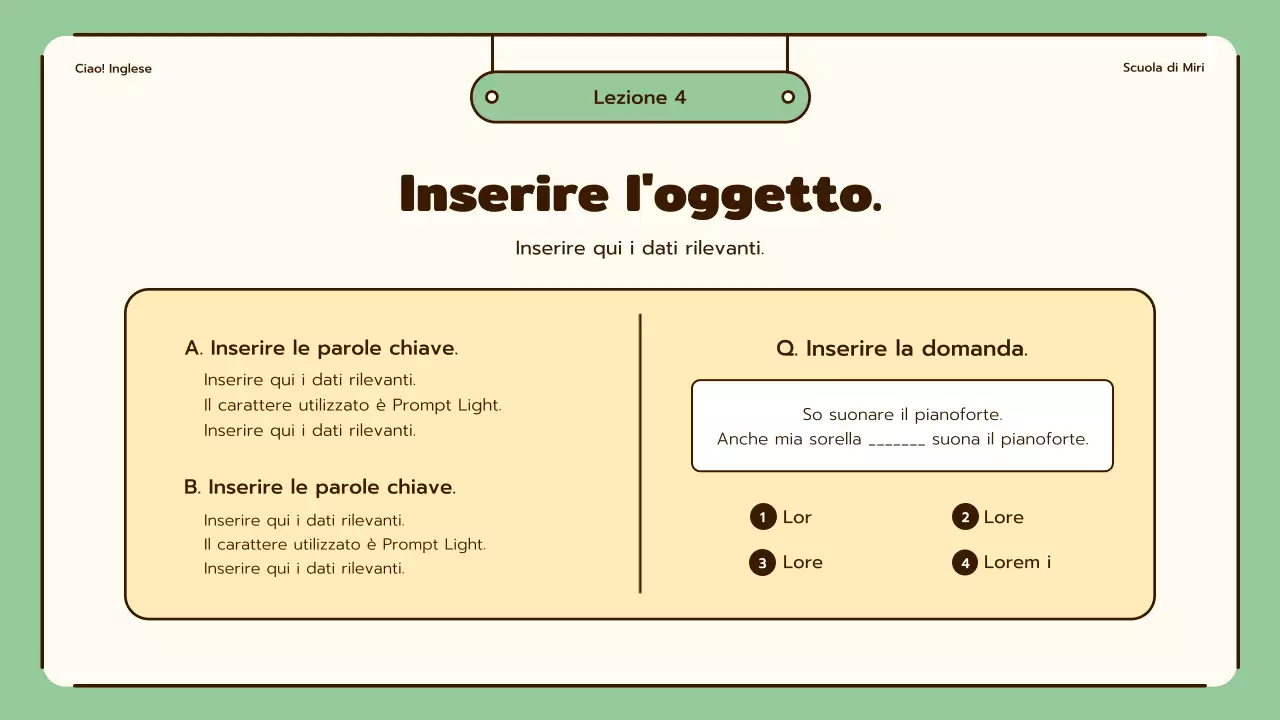 Lezioni di inglese con simpatiche illustrazioni in beige e verde