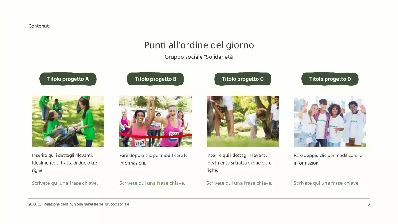 Relazione sui risultati dell'assemblea generale pulita con simpatiche illustrazioni verdi