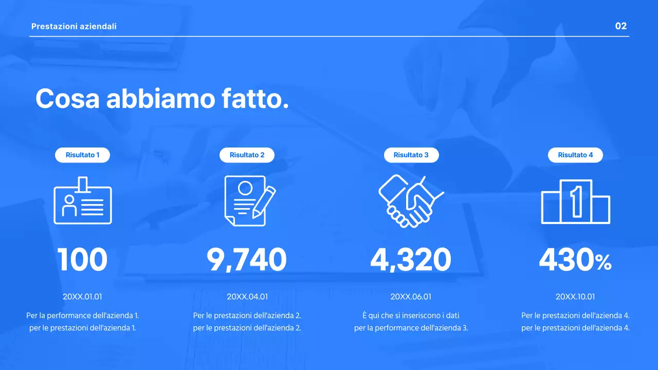 Una moderna presentazione aziendale in blu e bianco