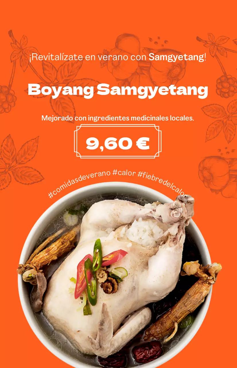 Bo-yang Samgyetang con un vibrante fondo naranja e ilustraciones coreanas