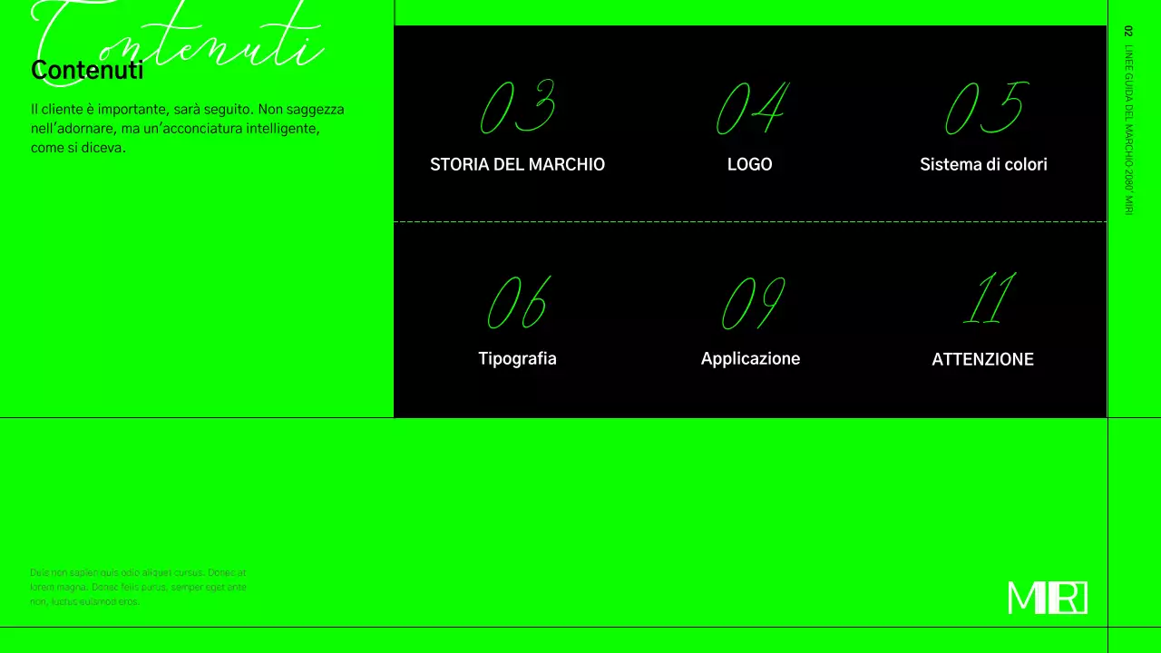 Linee guida dell'identità del marchio in formato griglia verde lime e nero