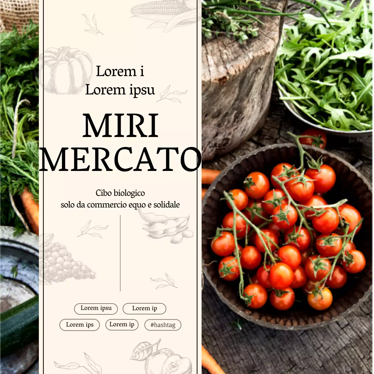 Mercato alimentare con motivi fotografici e illustrazioni beige