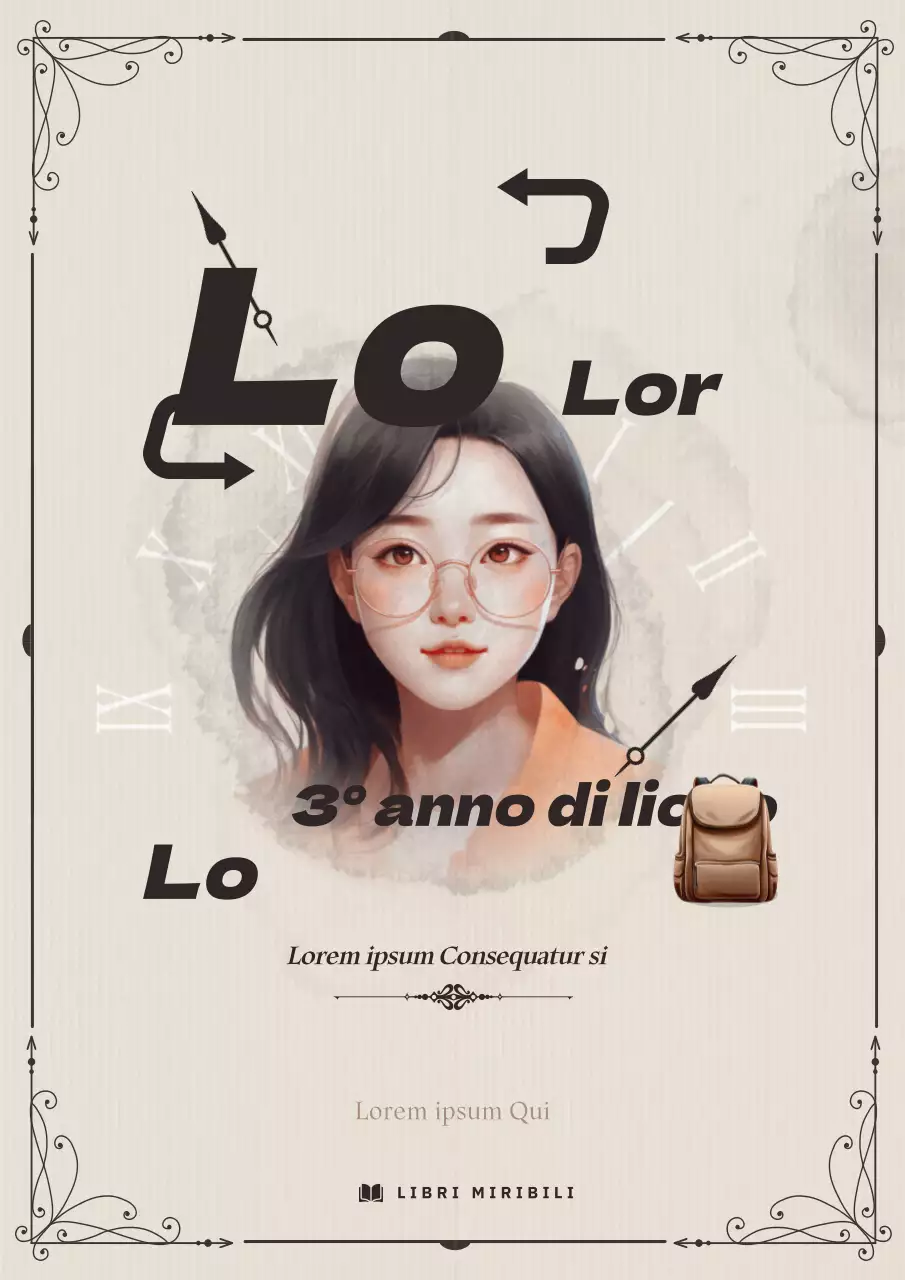 Romanzo fantasy con illustrazioni beige, elementi tipografici decorativi e illustrazioni manga