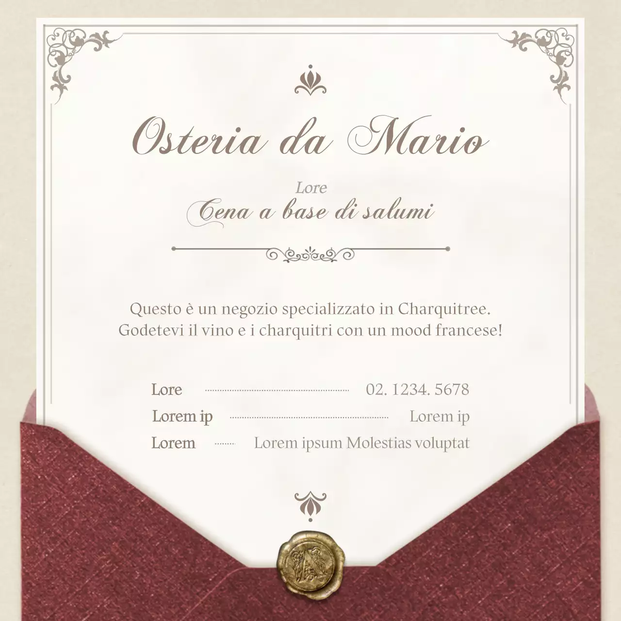 Una lettera elegante e all'antica, in rosso e giallo pallido, per la prenotazione di una cena di salumi di concetto.