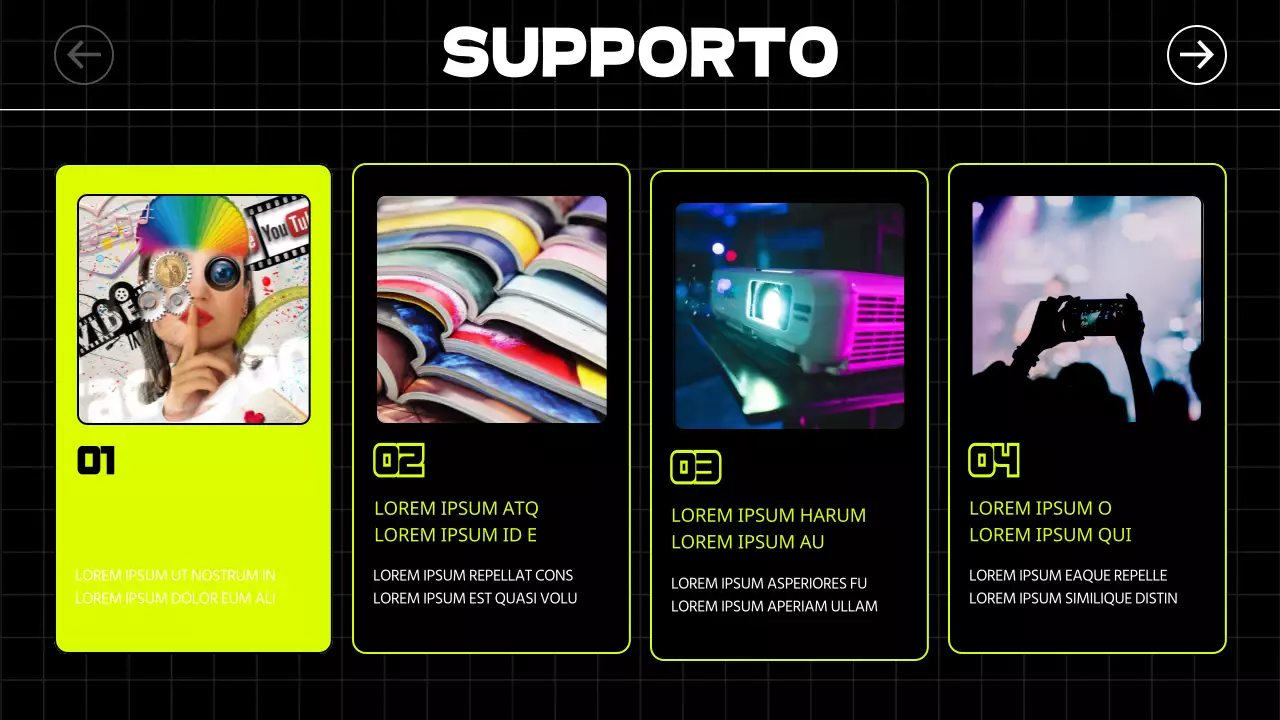 Adesivi illustrati in stile kitsch e caratteri audaci in nero e colori al neon danno un'impronta ritmica alle guide ai concerti e al noleggio.