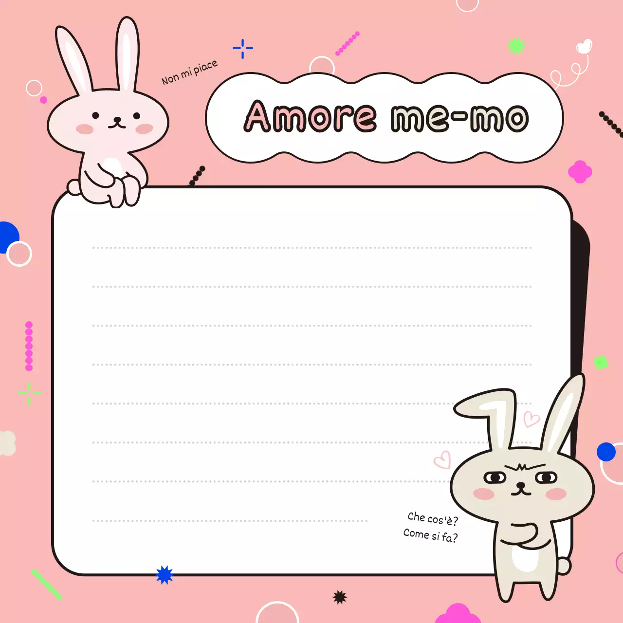 Articoli di cartoleria con simpatici coniglietti rosa e bianchi e lettere scritte a mano