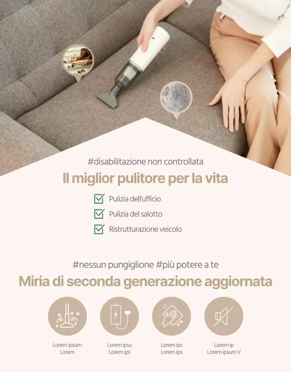 Vi presentiamo un aspirapolvere portatile semplice e moderno nei toni del marrone e del beige.