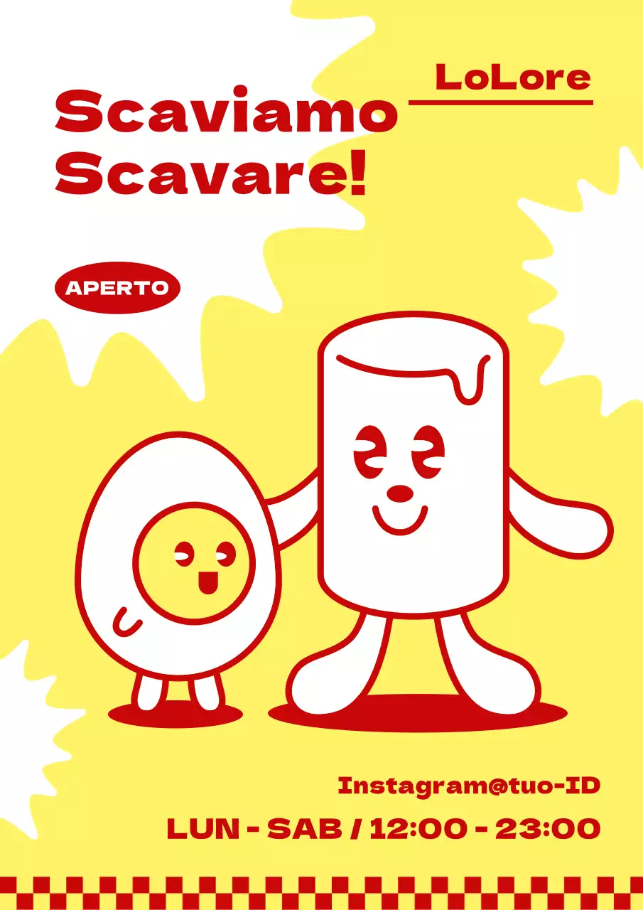 Poster di un ristorante con personaggi tteokbokki rosso e giallo