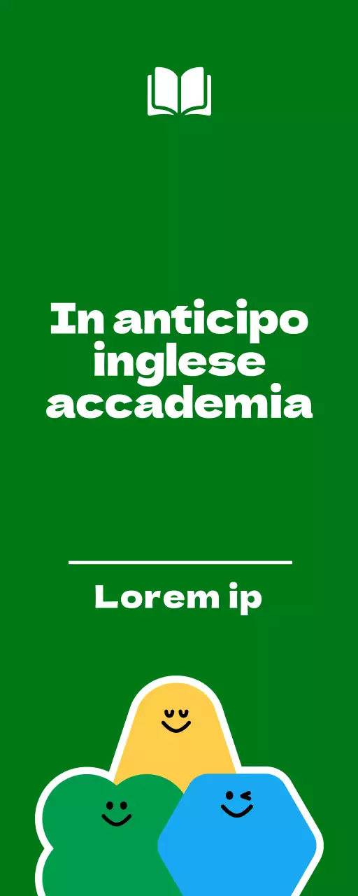 Per la promozione di una scuola di lingua inglese per studenti delle elementari con una simpatica illustrazione di un personaggio dei cartoni animati verde e giallo.