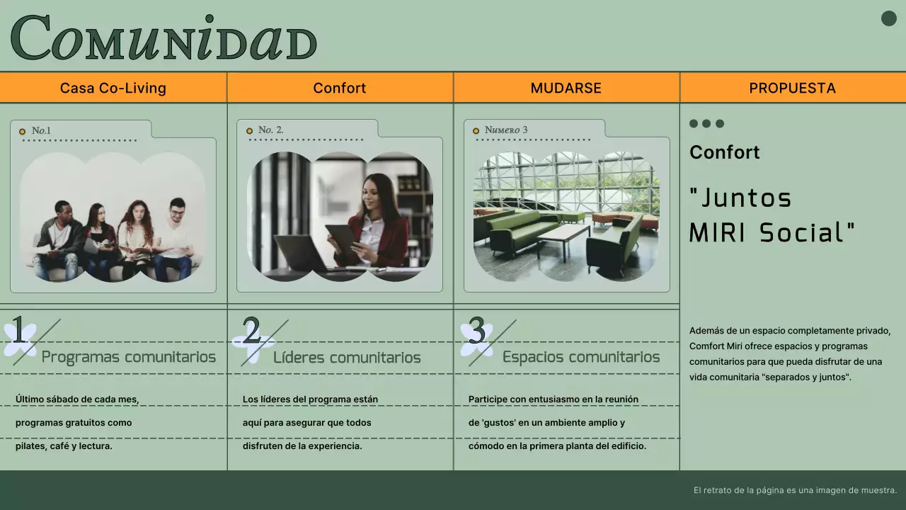 Propuesta de vivienda compartida con fotos y líneas verdes atenuadas