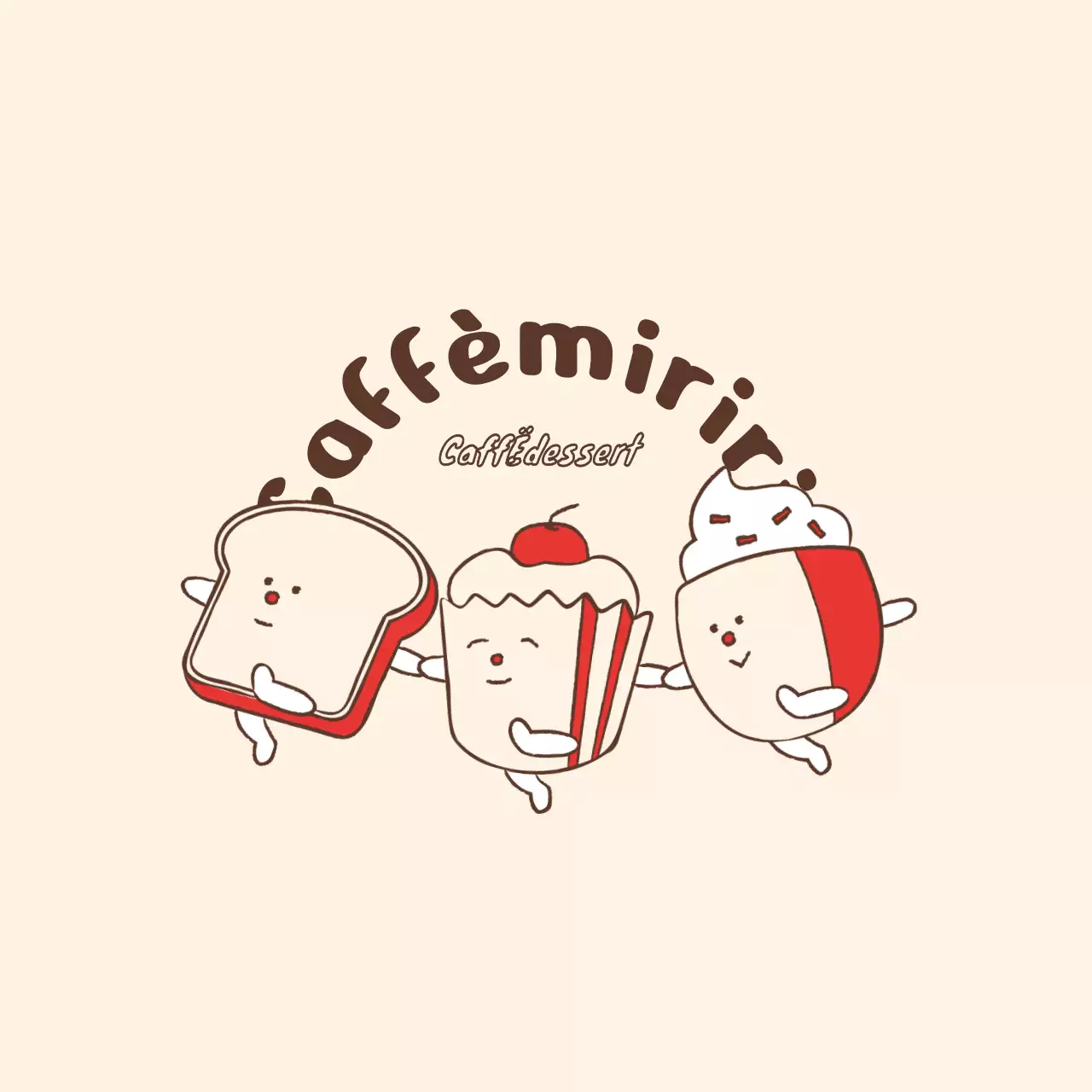 Simpatico merchandising da caffè con personaggi da caffè beige e rossi