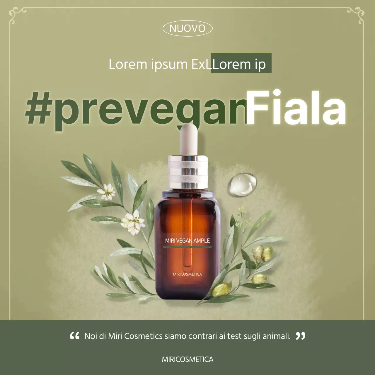 Annuncio di cosmetici vegani verdi in fiale nel newsfeed di Instagram