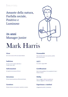 Un curriculum semplice e illustrato, con un formato blu in stile intervista.