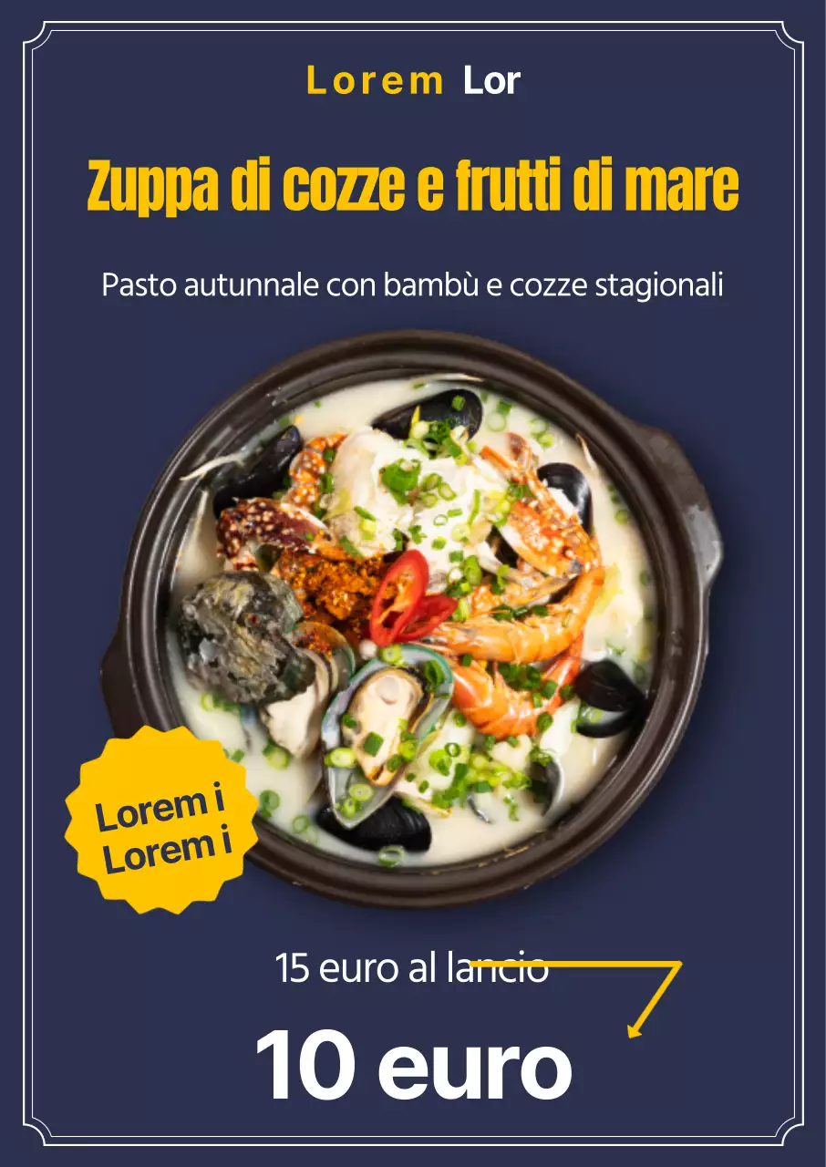 Zuppa di cozze Layout pulito di foto e testo, con accenti gialli e piatti stagionali autunnali Catering