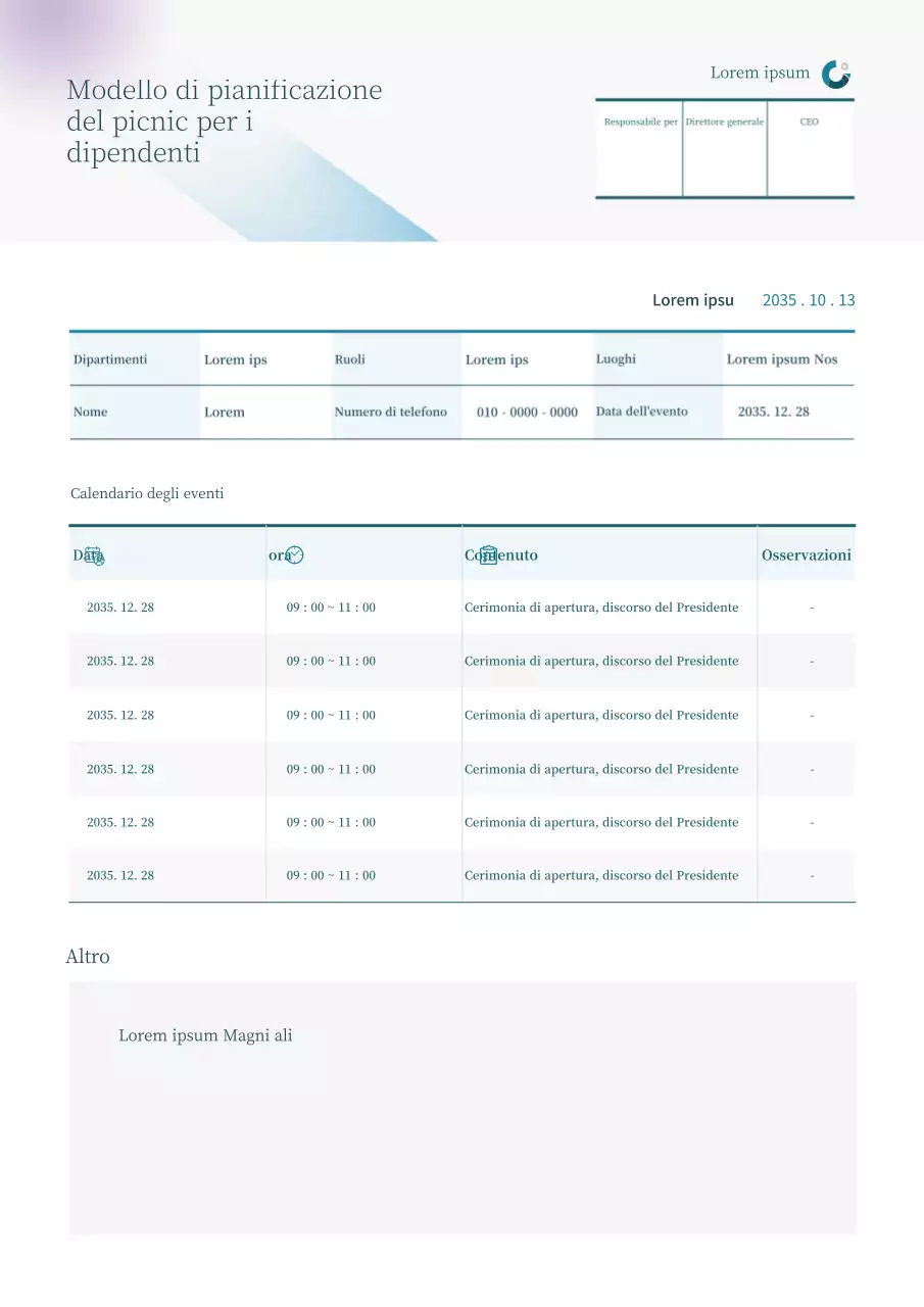 Documento di pianificazione del picnic per i dipendenti, semplice e tabellare, di colore azzurro.