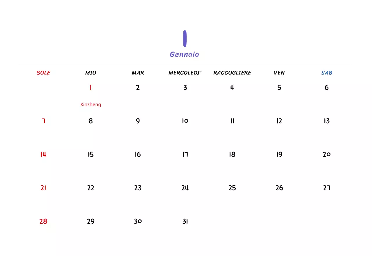 Calendario di Capodanno con simpatiche illustrazioni