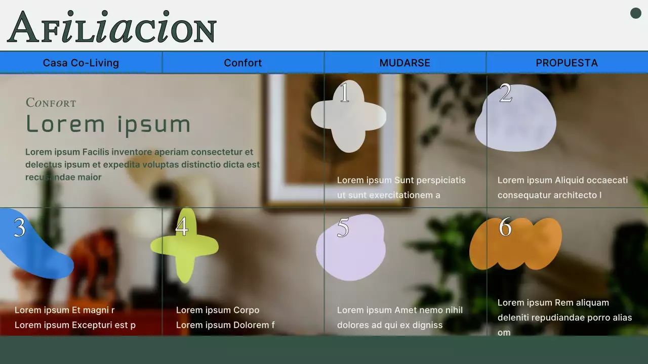 Propuesta de vivienda compartida con fotos y líneas verdes atenuadas
