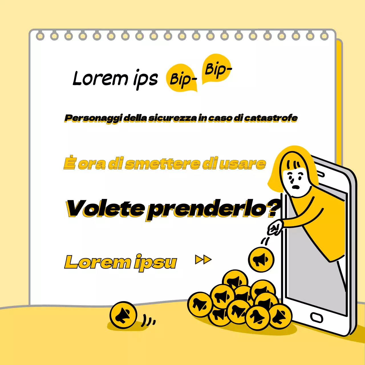 Illustrazione gialla disegnata a mano di un testo sulla sicurezza in caso di catastrofe con informazioni