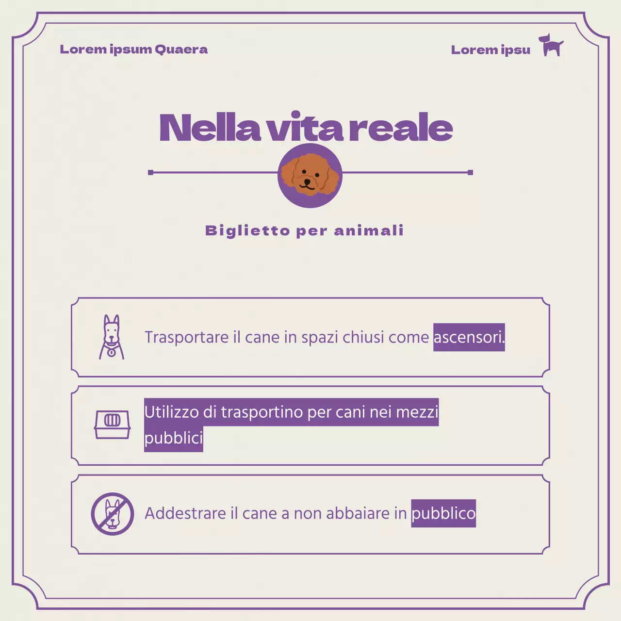 Informazioni sui biglietti per gli animali domestici viola
