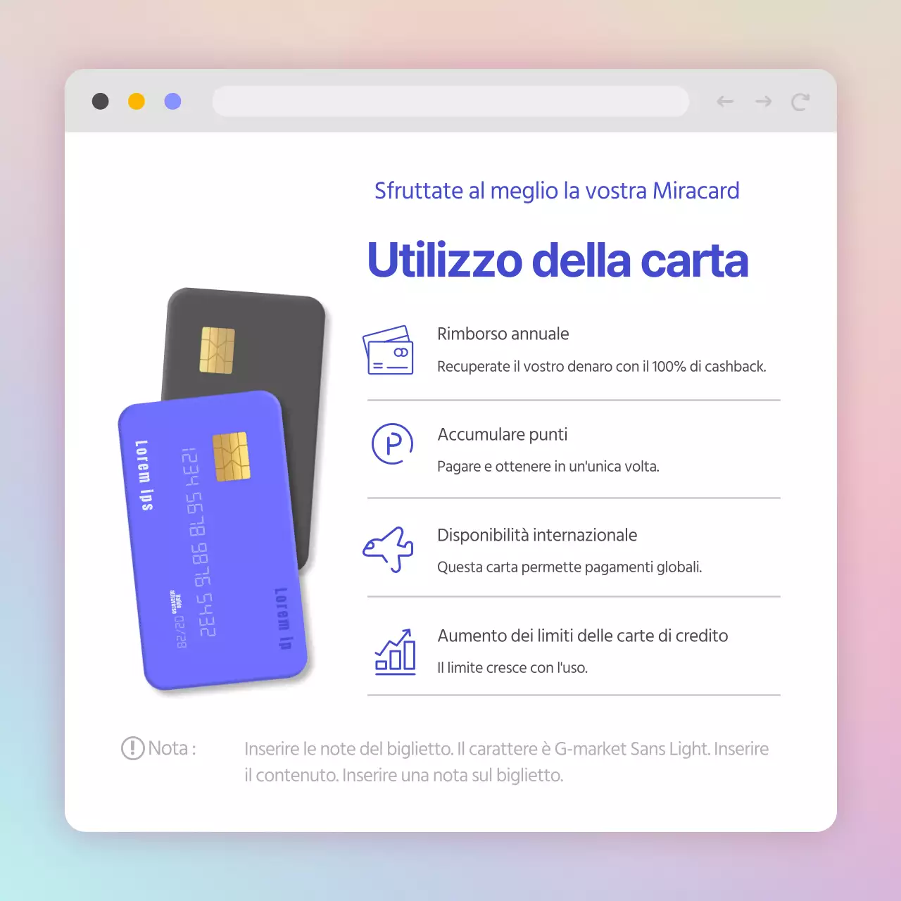 Offerte di carte di credito in un concetto di schermo web con sfumature viola e menta