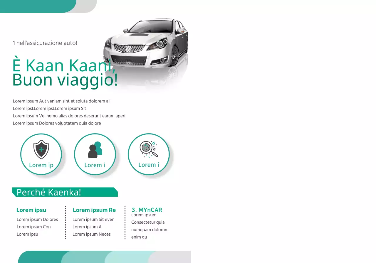 Promuovere l'assicurazione auto con foto e pittogrammi turchesi e bianchi.