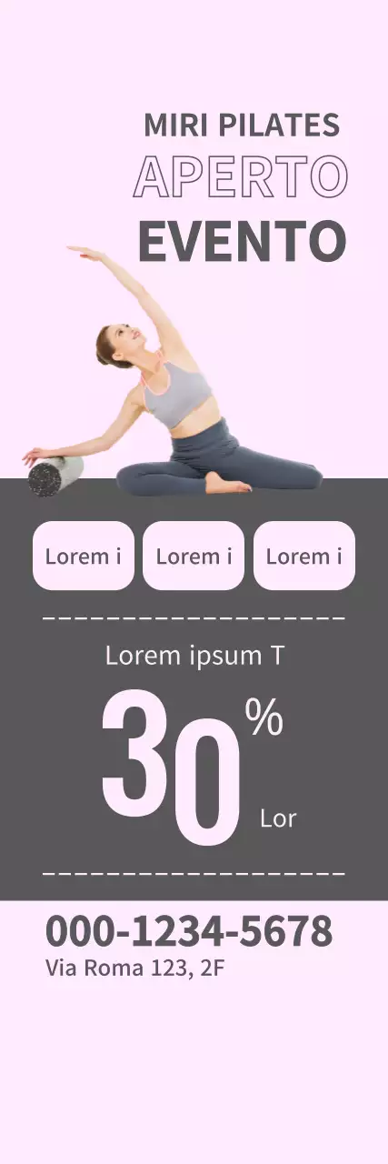 Windbanner Pilates Open Event con quadratini grigi su sfondo rosa