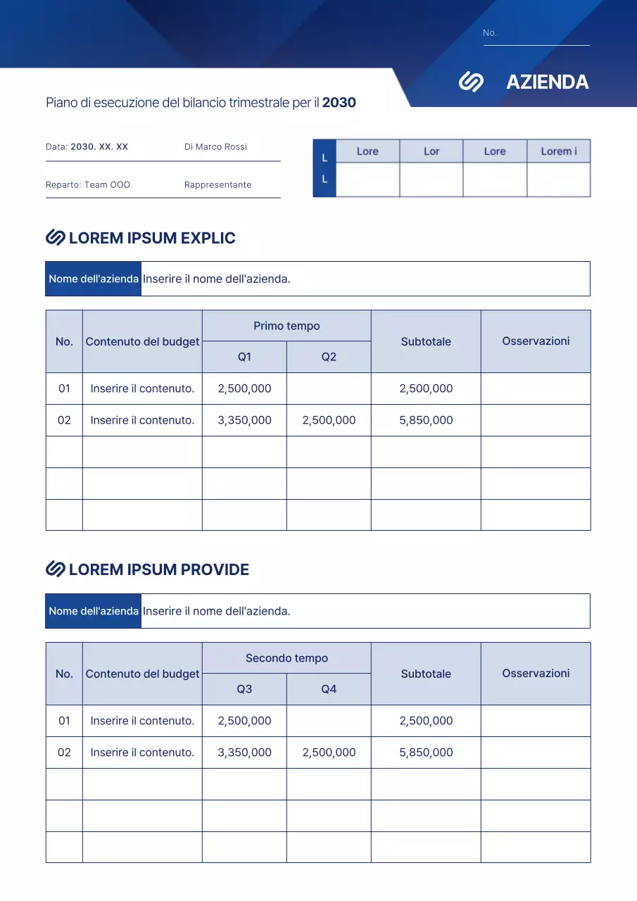 Piano di esecuzione del budget trimestrale in stile grafico blu