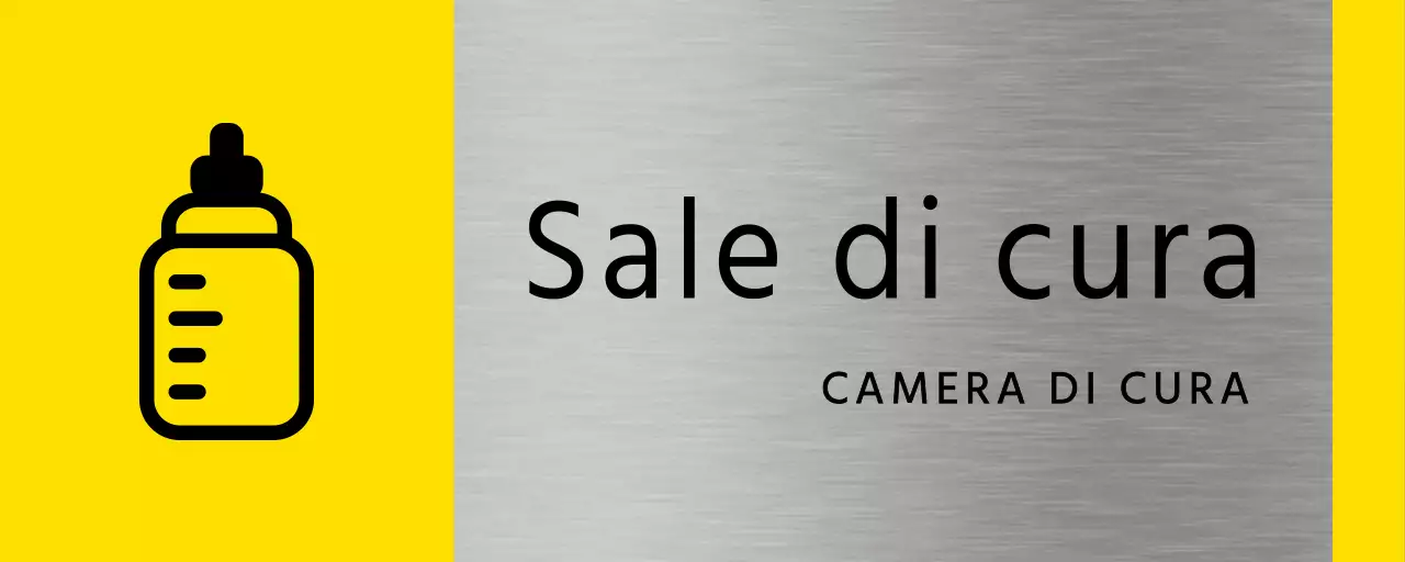 Semplice segnaletica segnaposto in giallo e nero con il nome della sala di allattamento dell'edificio e l'icona di un biberon quadrato.