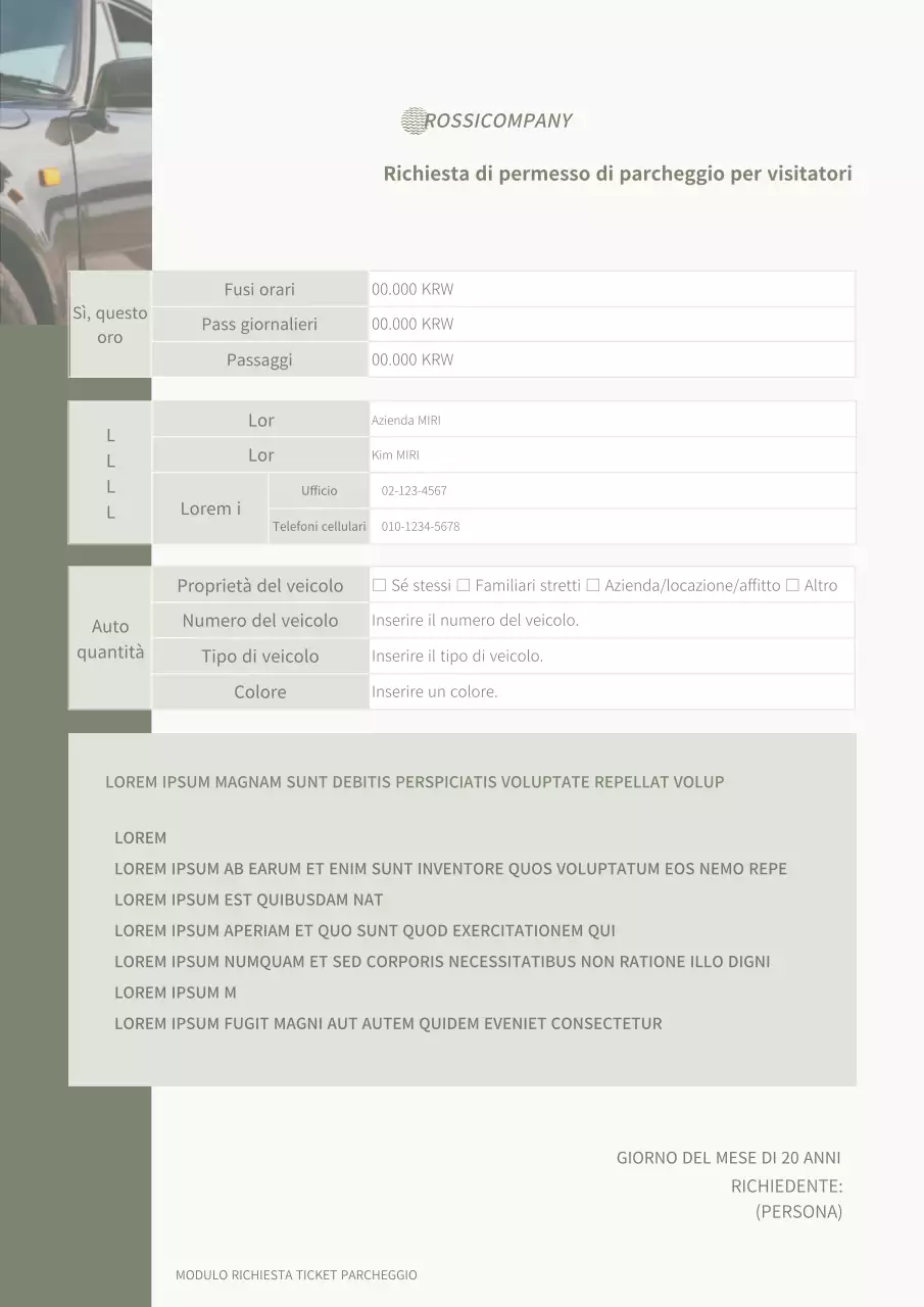 Modello di richiesta di permesso di parcheggio per veicoli in visita semplice, verde e fotografico