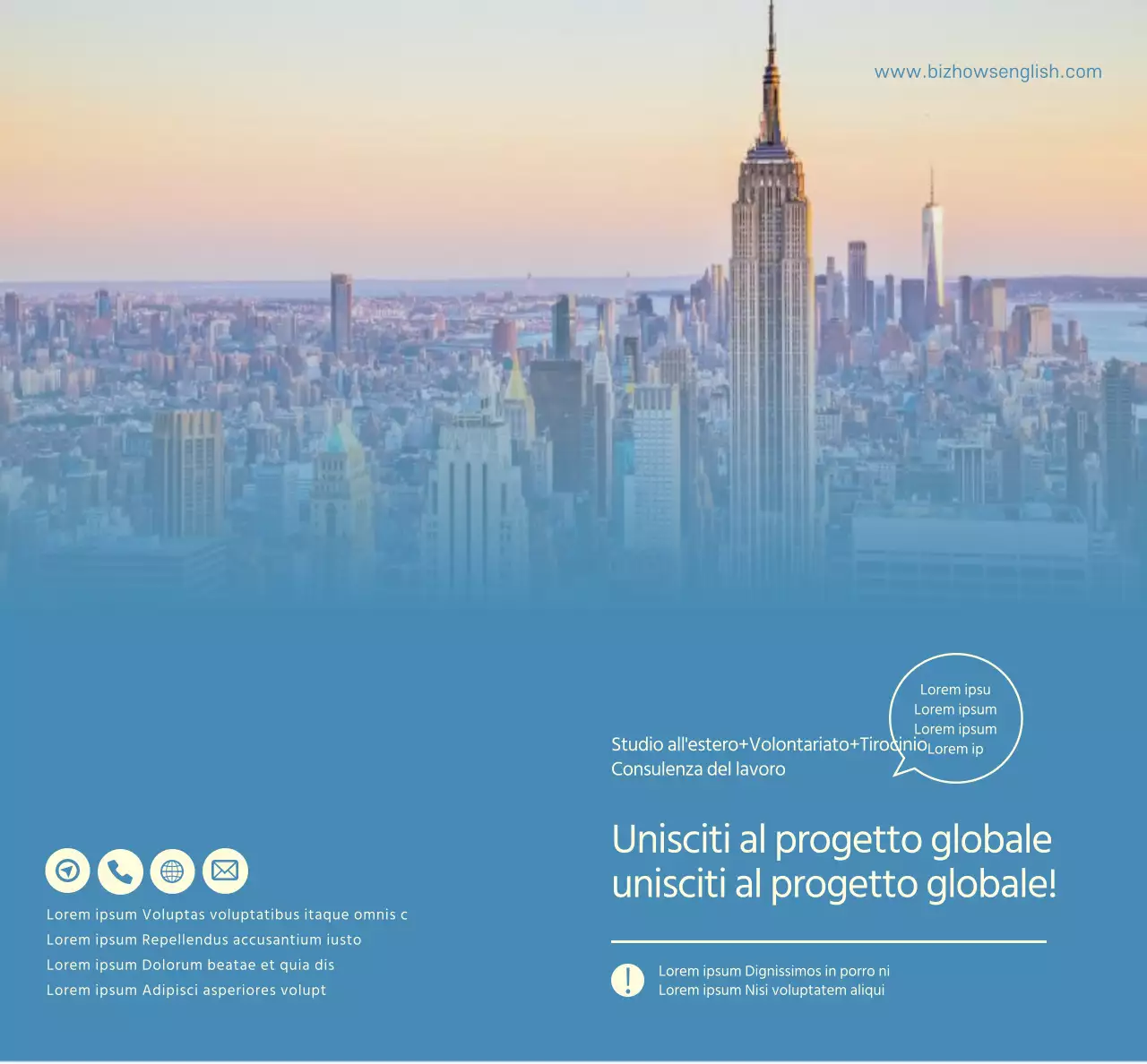 Promozione di una scuola di lingue con foto blu e gialle di paesaggi stranieri