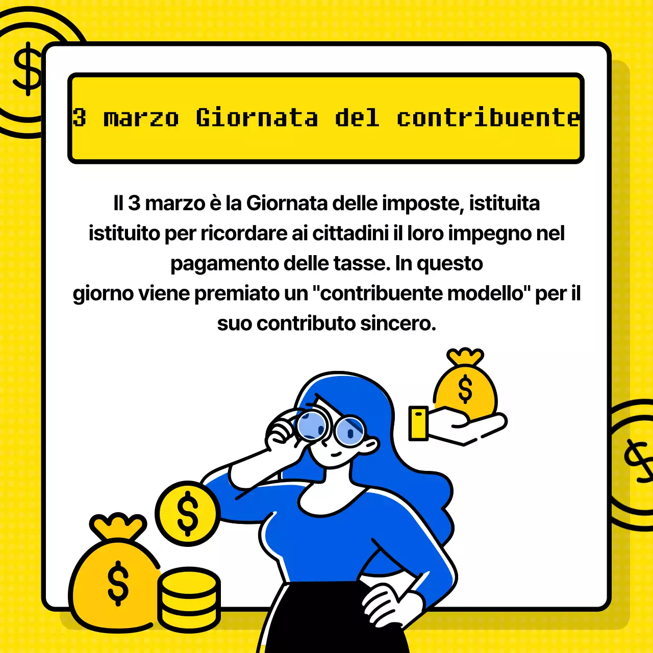 Fornitura di informazioni esemplari ai contribuenti con il tema della calcolatrice gialla (Card News)