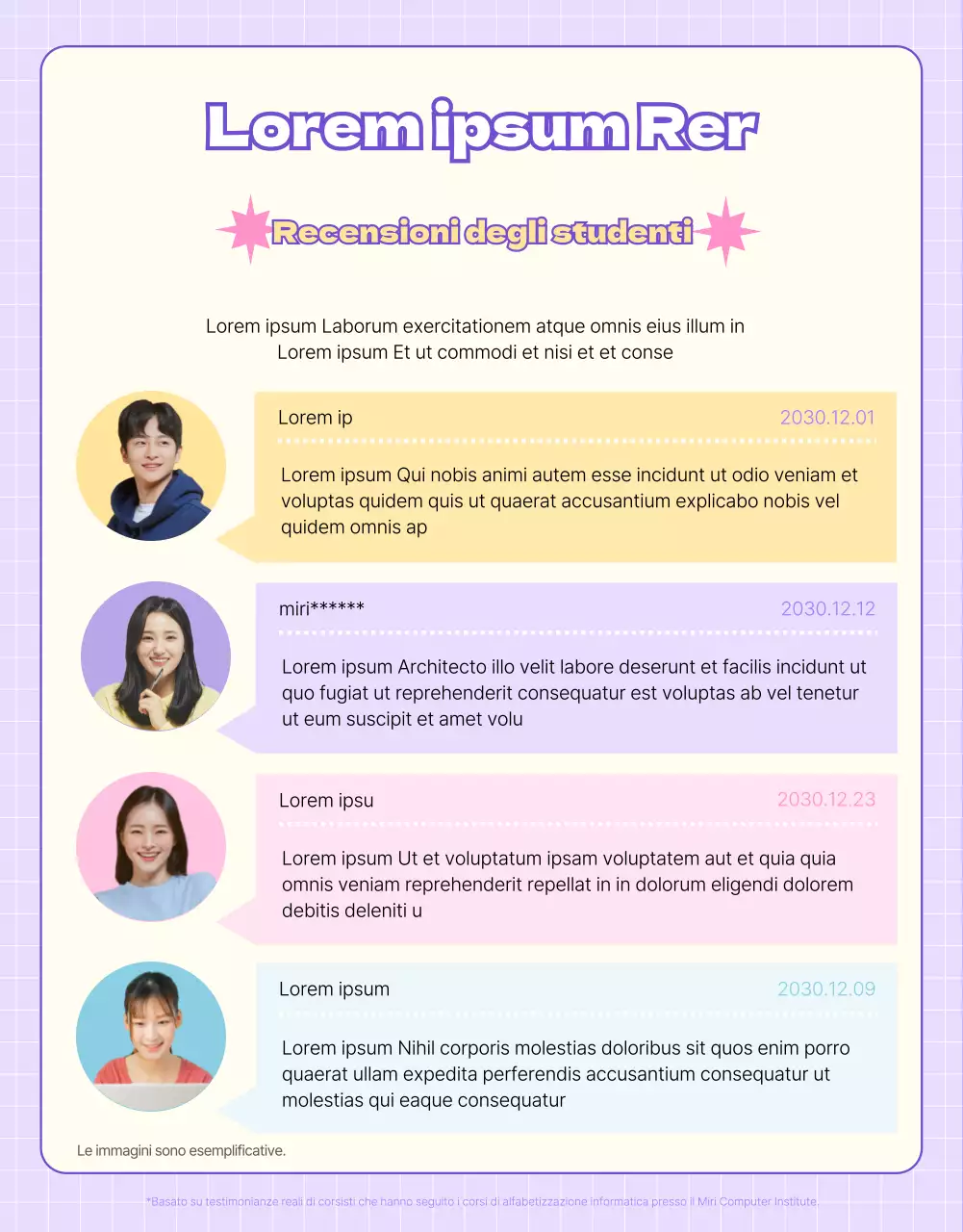 Promuovere corsi di alfabetizzazione informatica con un concetto di sito web rosa e viola.