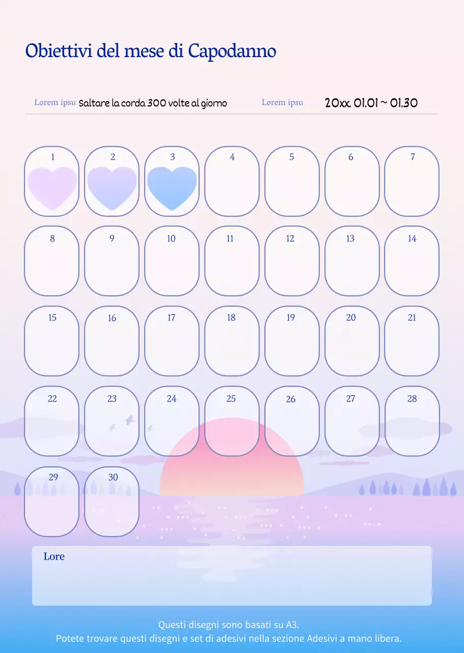 Tracciatore di obiettivi illustrati per il nuovo anno in rosa e viola